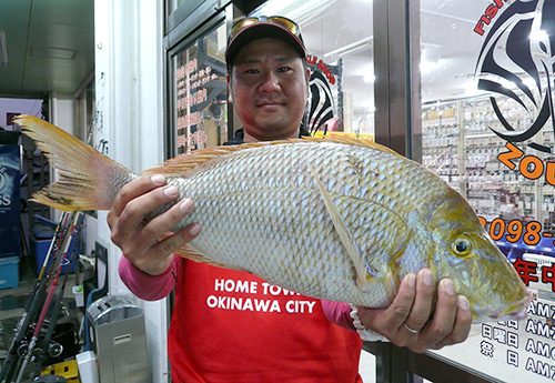 9日、西崎一文字L文字でシガヤーダコを餌に66センチ・3.6キロのタマンを釣った平良裕さん