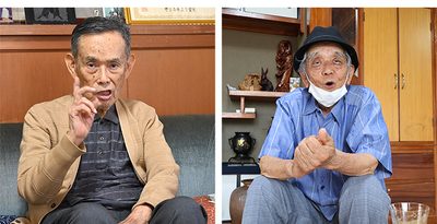 （左から）「ゆがんだ占領政治」を若い人に知ってほしいと語る津留健二さん、戦後初期のあつれきや乗り越えてきた歩みを語る内山照雄さん