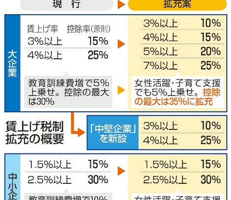 中小賃上げ　最大４５％減税／優遇上乗せ　大企業は３５％