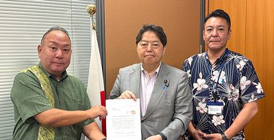 林芳正官房長官（中央）に普天間飛行場の跡地利用に向けた支援を要請する自民党県連の島袋大会長（左）、花城大輔幹事長＝27日、国会内（県連提供）