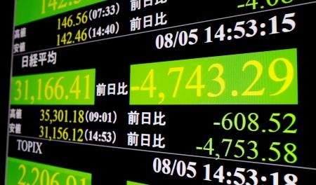 　大幅続落し、下げ幅が一時４７００円を超えた日経平均株価を示すモニター。米株式相場の大暴落「ブラックマンデー」翌日の下げ幅を超えて史上最大となった＝５日午後、東京・東新橋