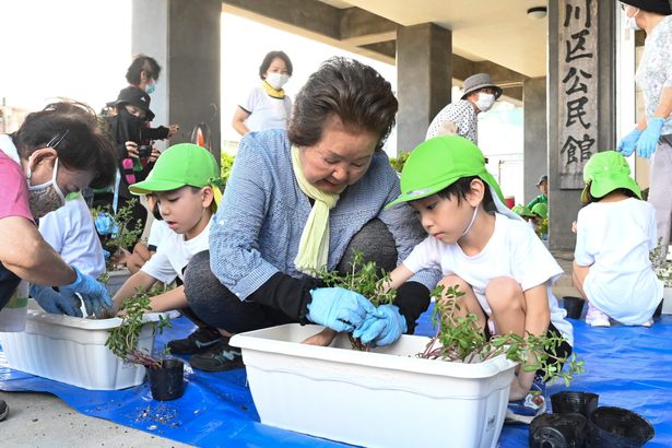 園児とお年寄り200本苗植え　糸満　大川区で地域交流事業