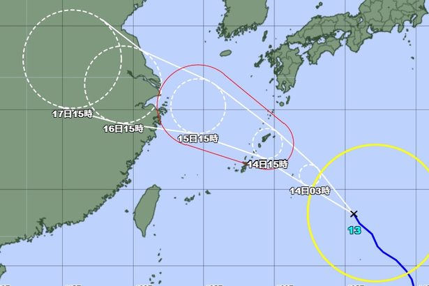 台風13号、13日夜遅くに大東島地方、14日朝に本島北部で暴風警報か　沖縄地方に最接近へ（13日15時現在）