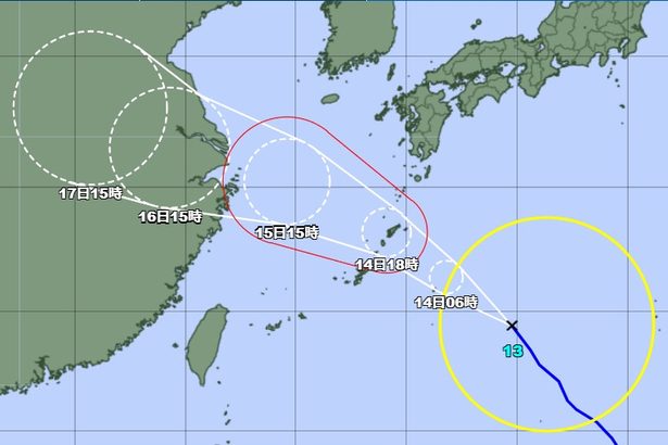 台風13号、本島中南部と久米島は暴風域入らない見通し　14日明け方に大東島に最接近（13日18時現在）