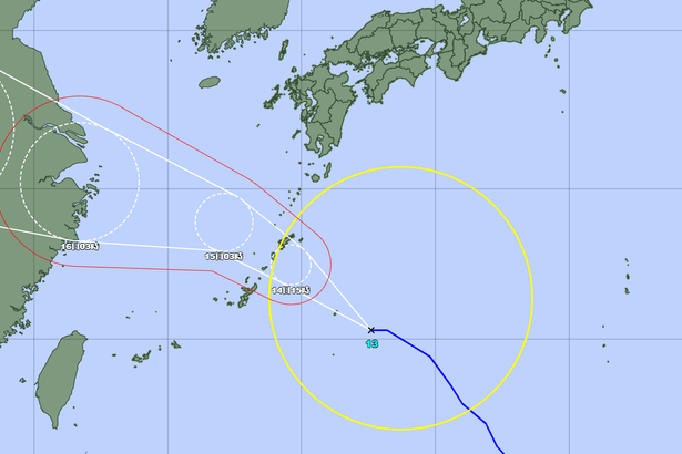 台風13号、大東島地方に暴風警報　最接近へ　本島北部は午後暴風か（14日午前3時現在）