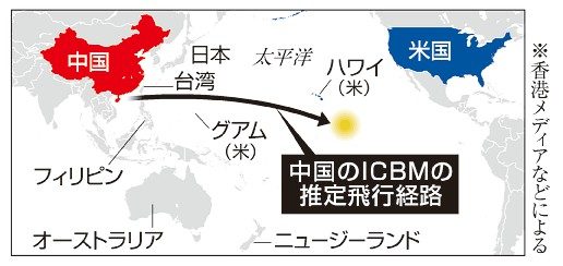 中国軍、ＩＣＢＭ発射　太平洋へ４４年ぶり２回目