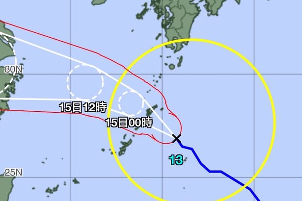 台風13号、沖縄本島は夜の初めに最接近　高波に警戒を（14日午後1時30分現在）