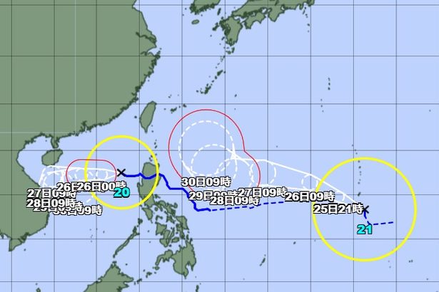 台風21号が発生　30日ごろに強い勢力で沖縄地方に接近の恐れ（25日正午現在）