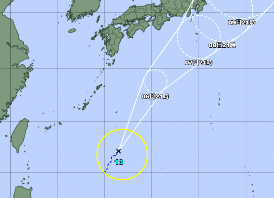 台風13号が発生、大東島地方に接近の恐れ（6日朝）